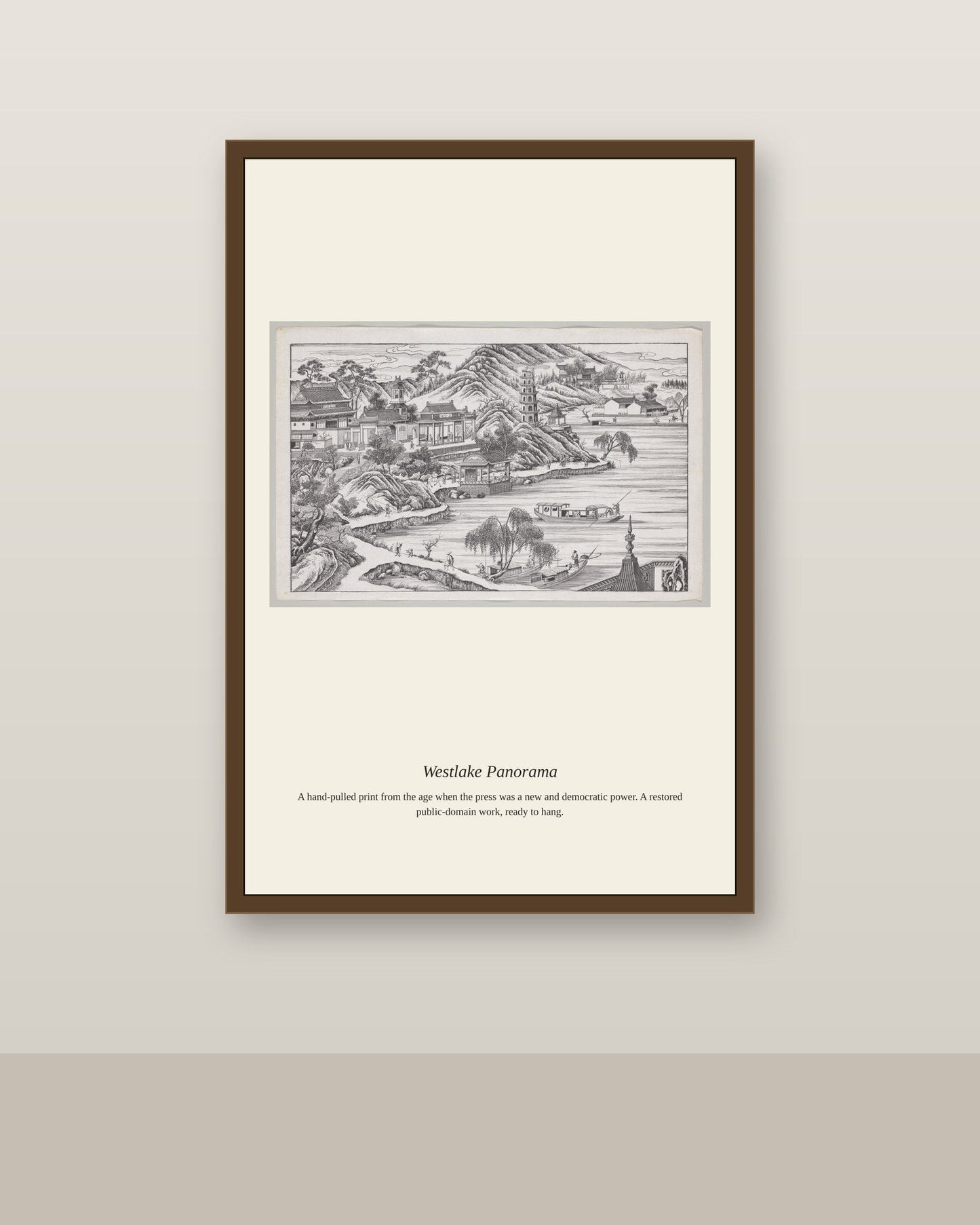 Westlake Panorama antique map print shown framed on a wall in a styled room