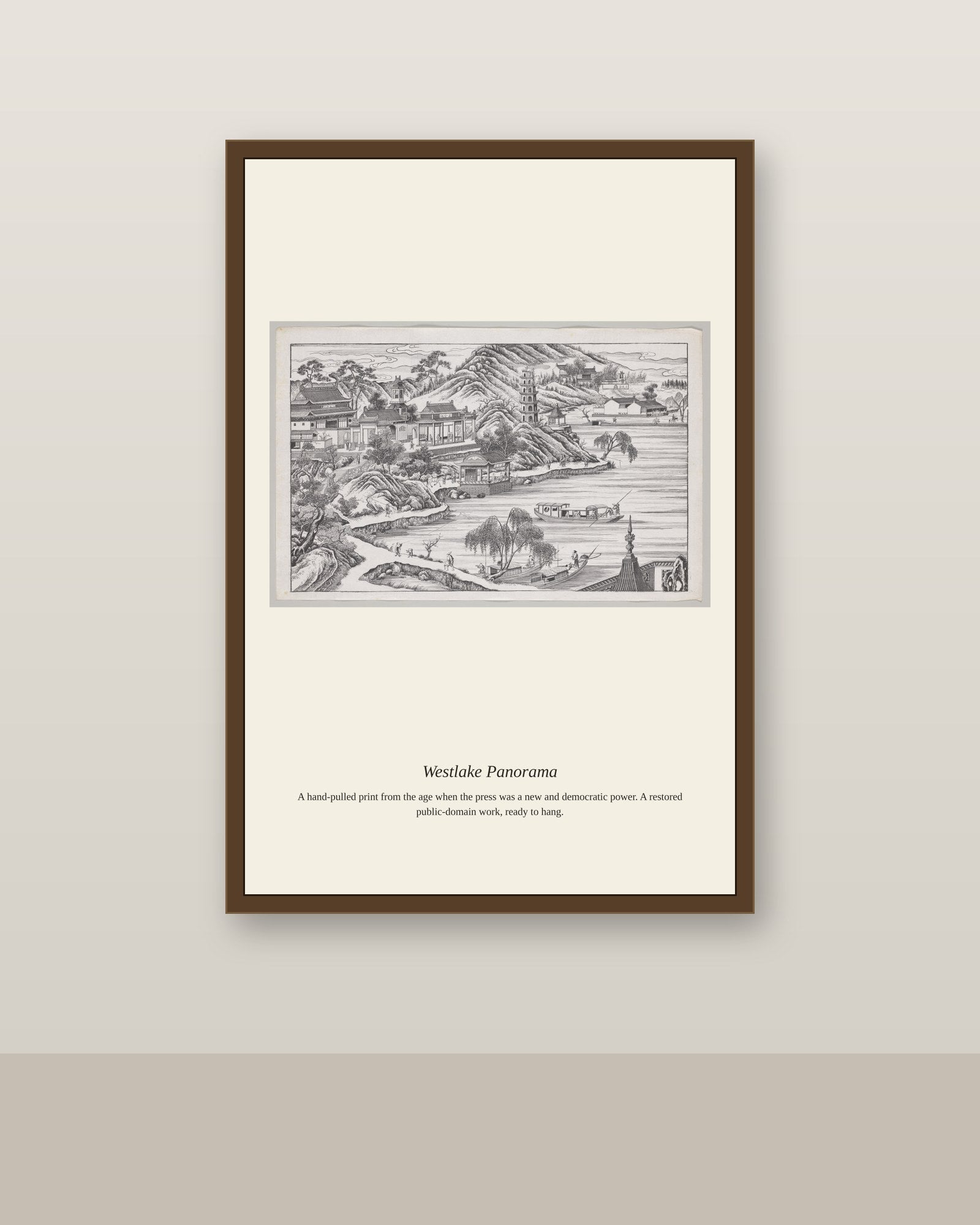Westlake Panorama antique map print shown framed on a wall in a styled room