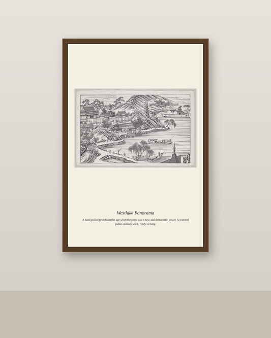Westlake Panorama antique map print shown framed on a wall in a styled room