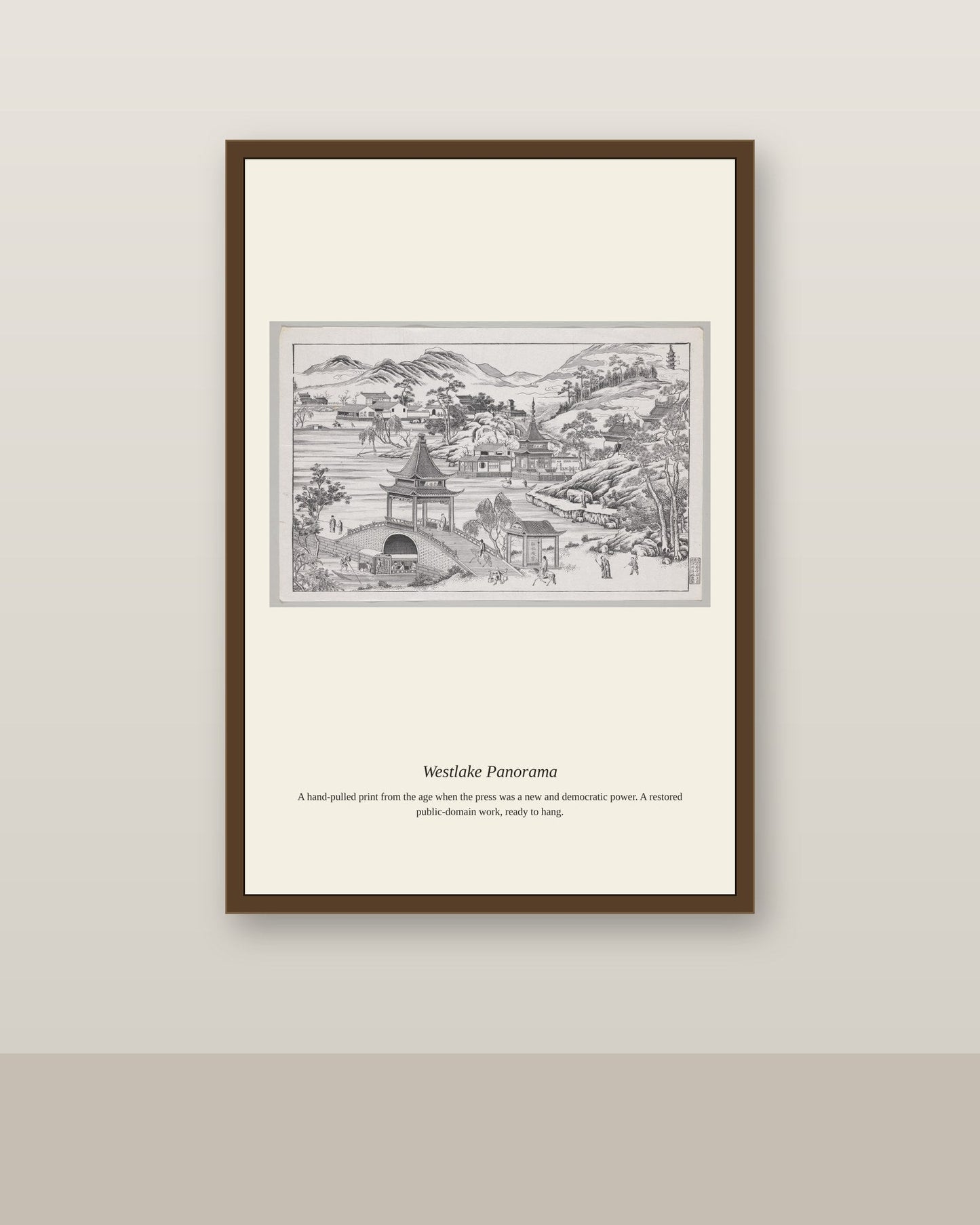 Westlake Panorama (2) antique map print shown framed on a wall in a styled room