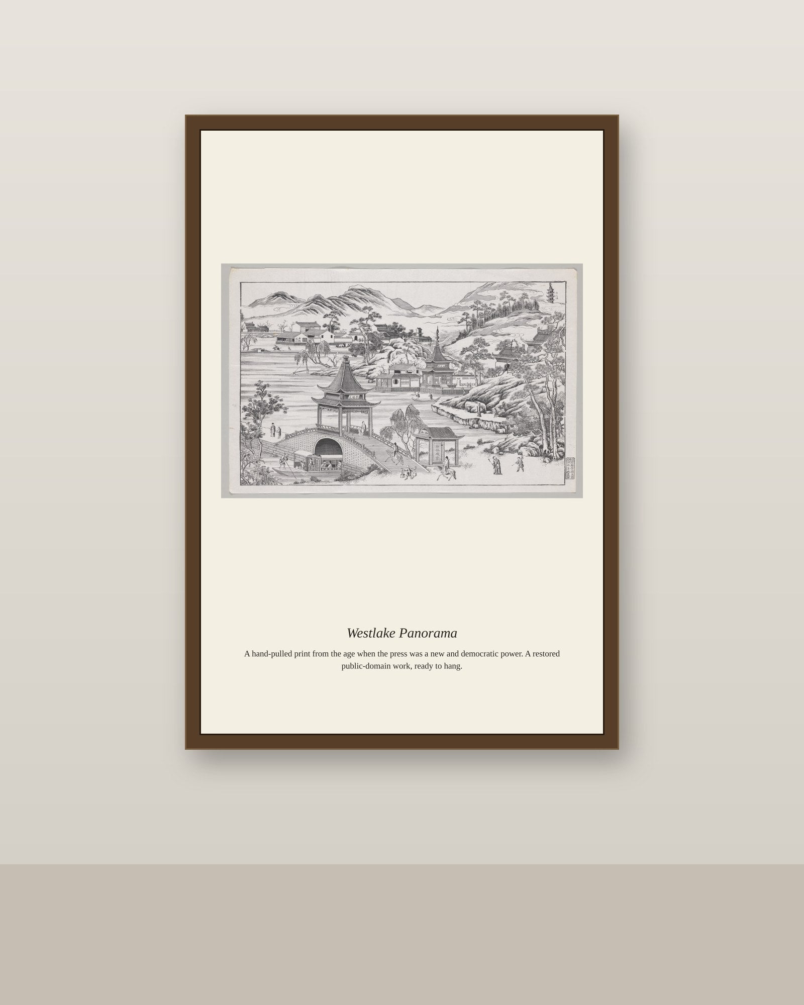 Westlake Panorama (2) antique map print shown framed on a wall in a styled room