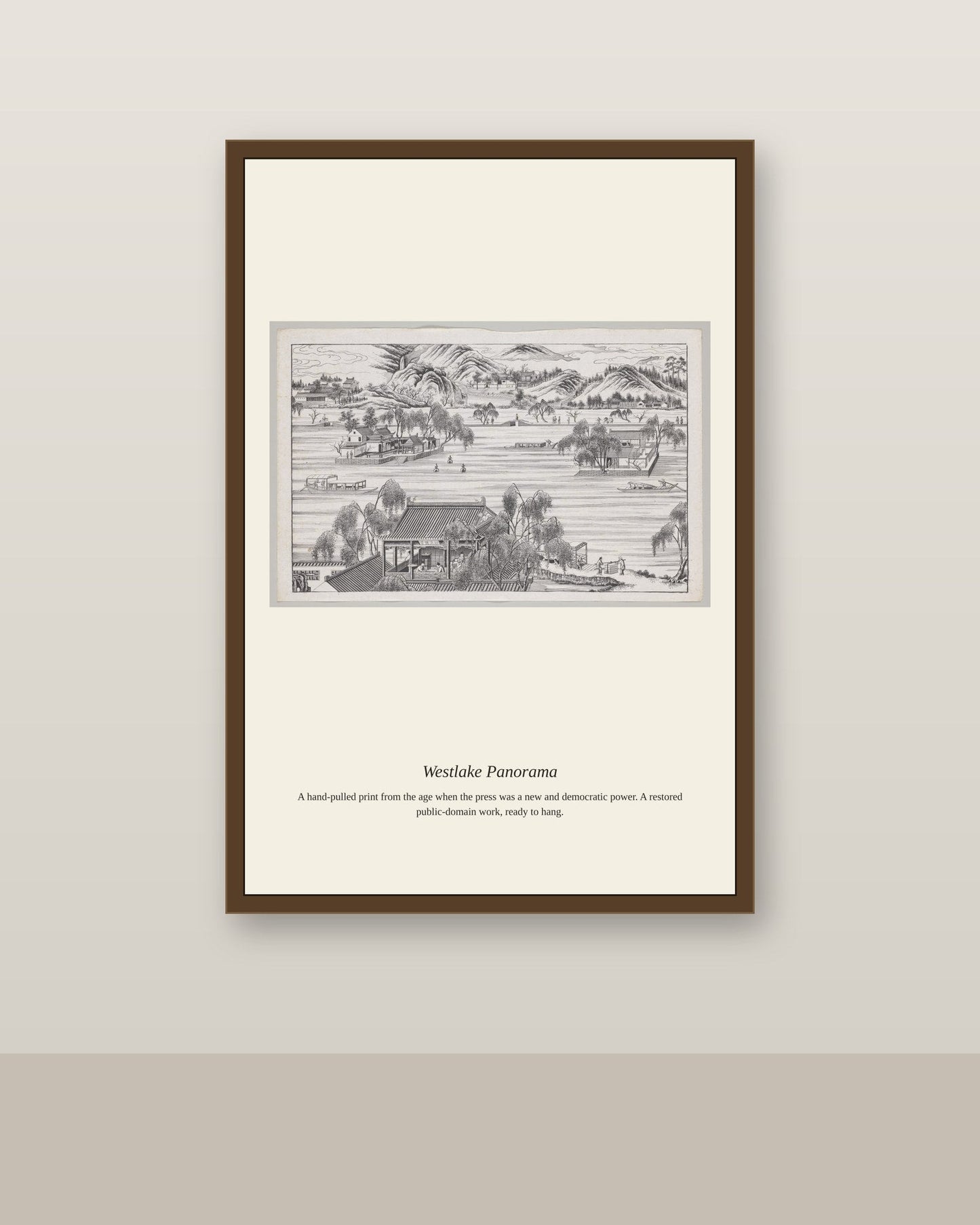Westlake Panorama (3) antique map print shown framed on a wall in a styled room
