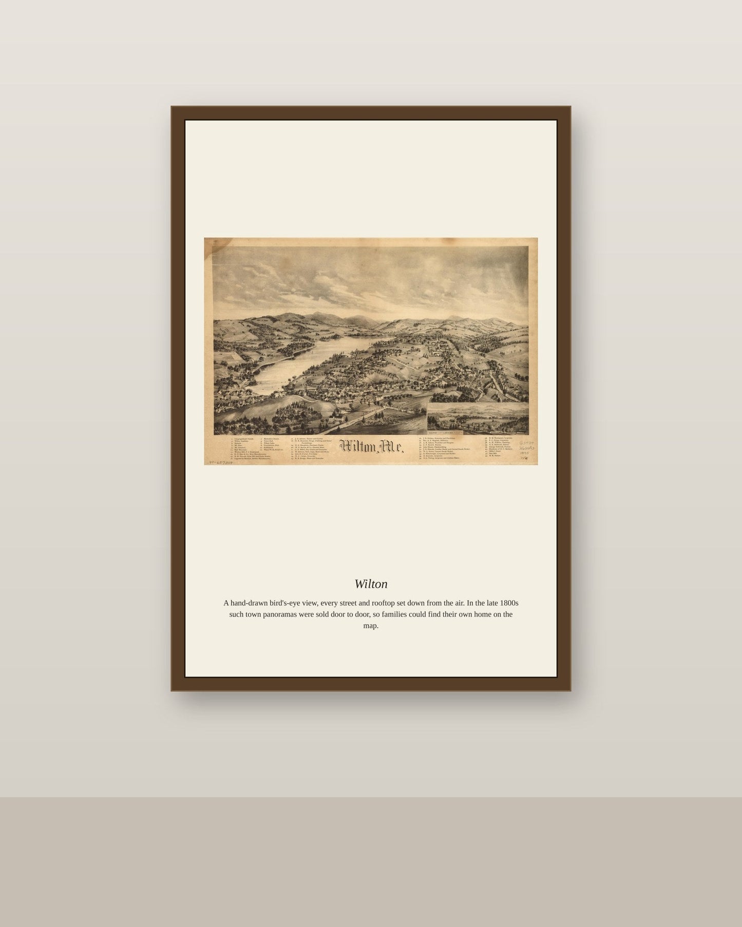 Wilton antique map print shown framed on a wall in a styled room