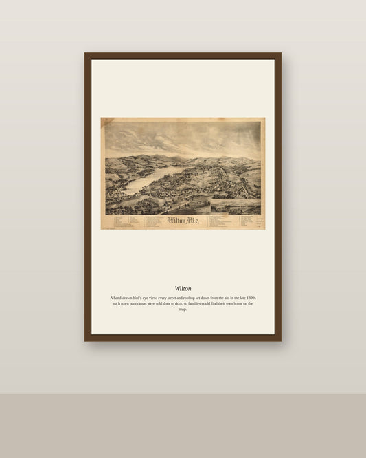 Wilton antique map print shown framed on a wall in a styled room