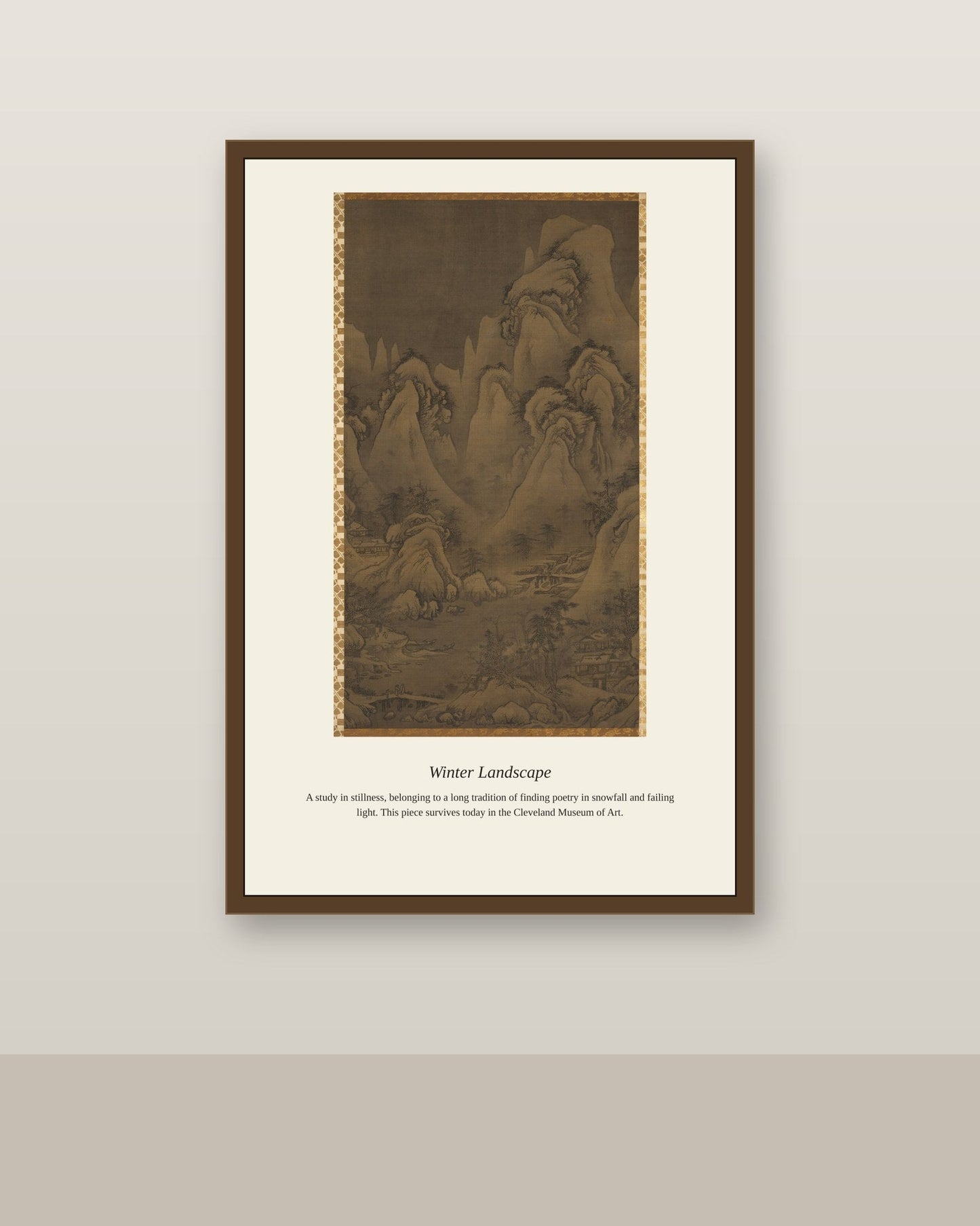 Winter Landscape antique landscape print shown framed on a wall in a styled room
