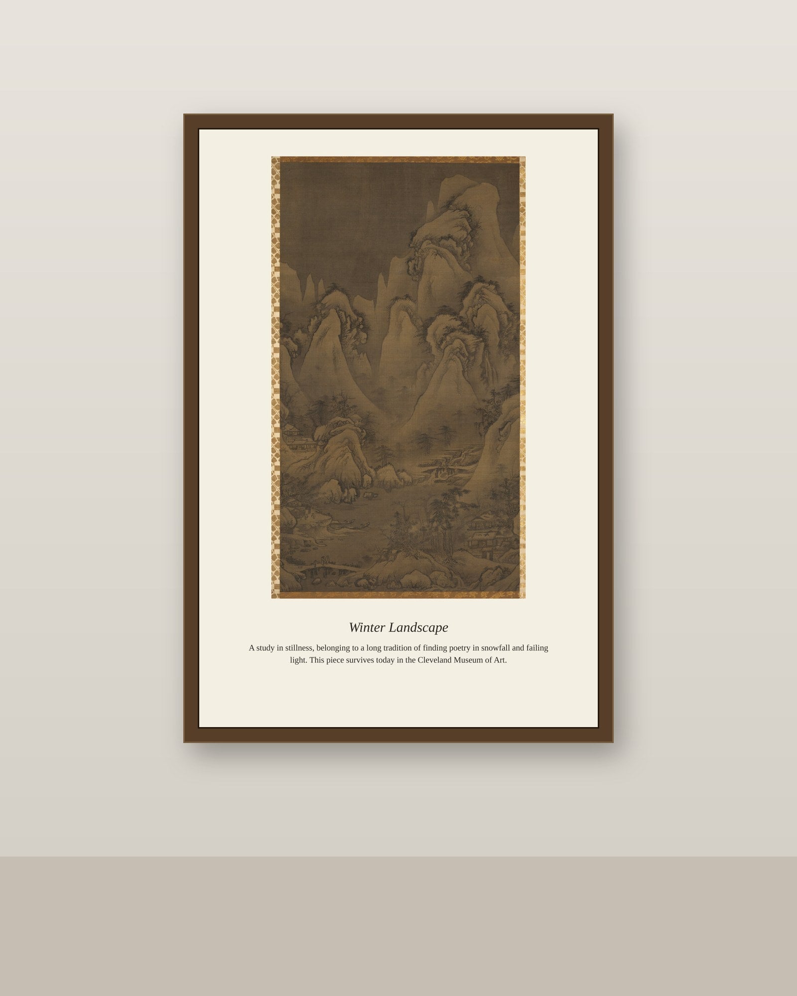 Winter Landscape antique landscape print shown framed on a wall in a styled room