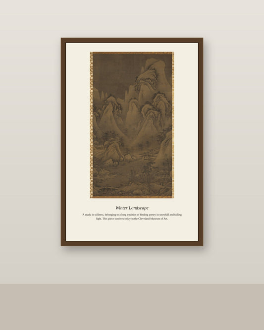 Winter Landscape antique landscape print shown framed on a wall in a styled room