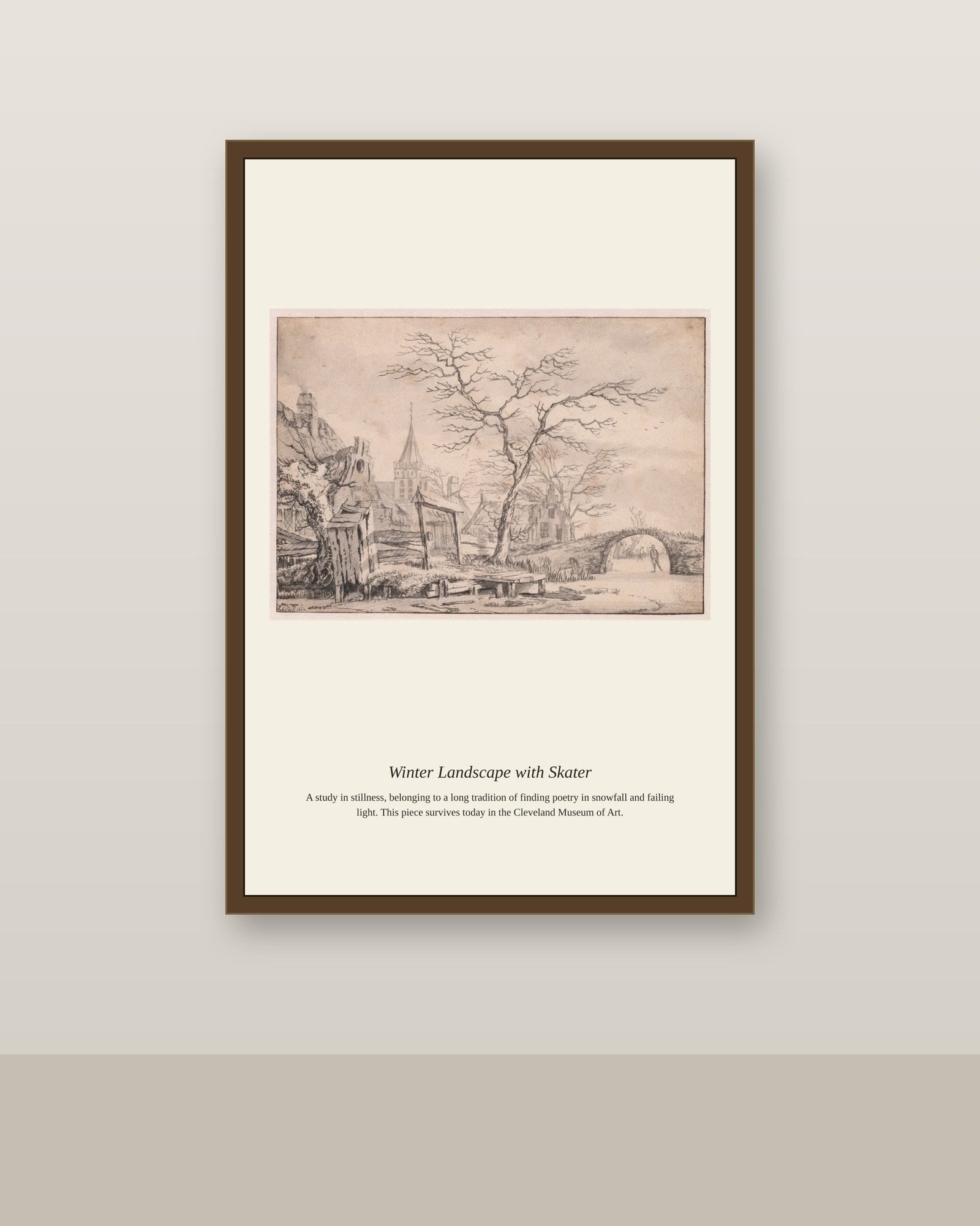 Winter Landscape with Skater antique landscape print shown framed on a wall in a styled room
