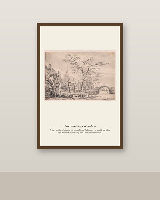 Winter Landscape with Skater antique landscape print shown framed on a wall in a styled room