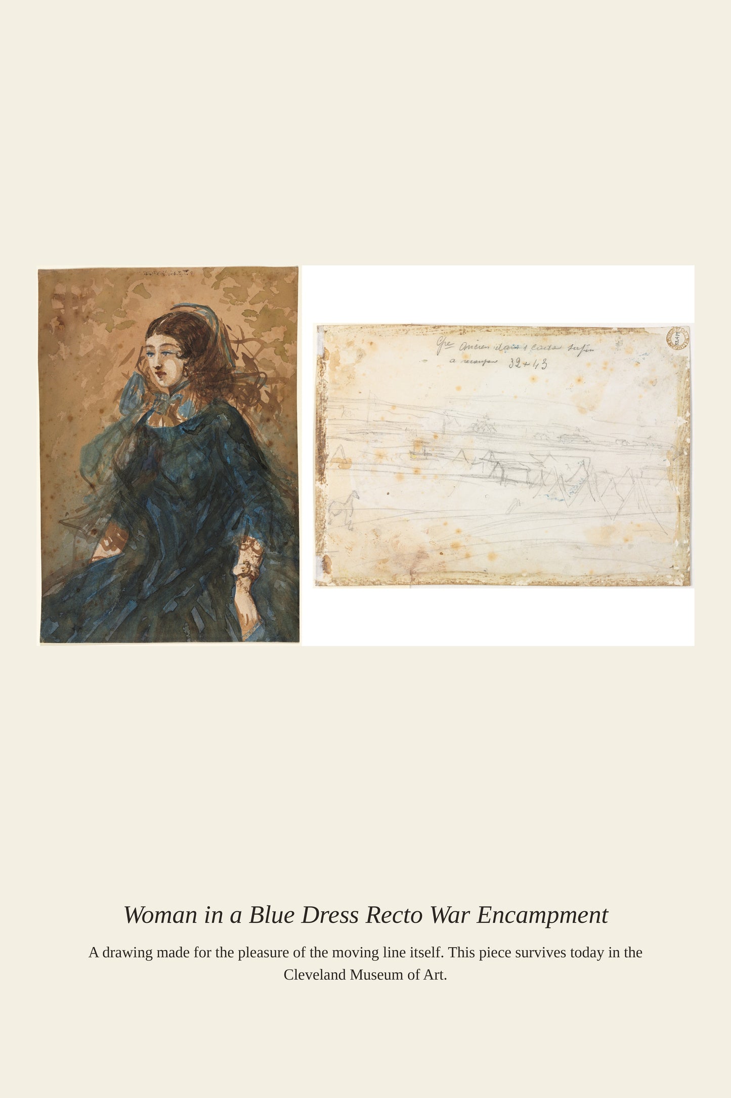 Woman in a Blue Dress Recto War Encampment - Antique Historical Print