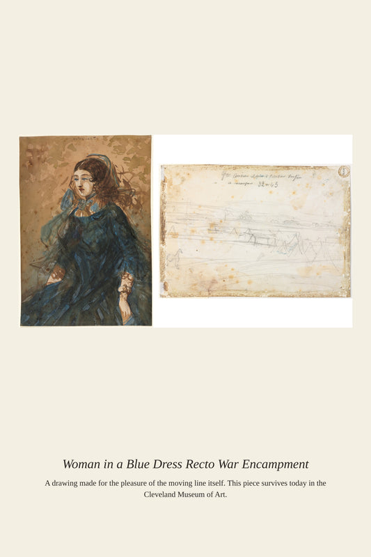 Woman in a Blue Dress Recto War Encampment - Antique Historical Print