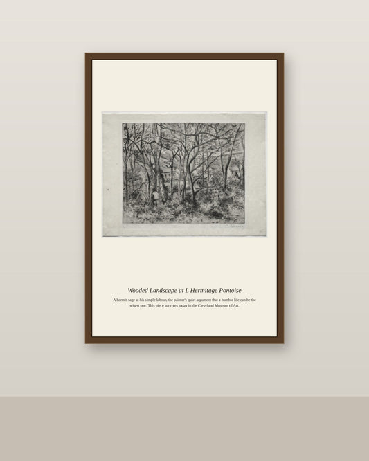 Wooded Landscape at L Hermitage Pontoise antique landscape print shown framed on a wall in a styled room