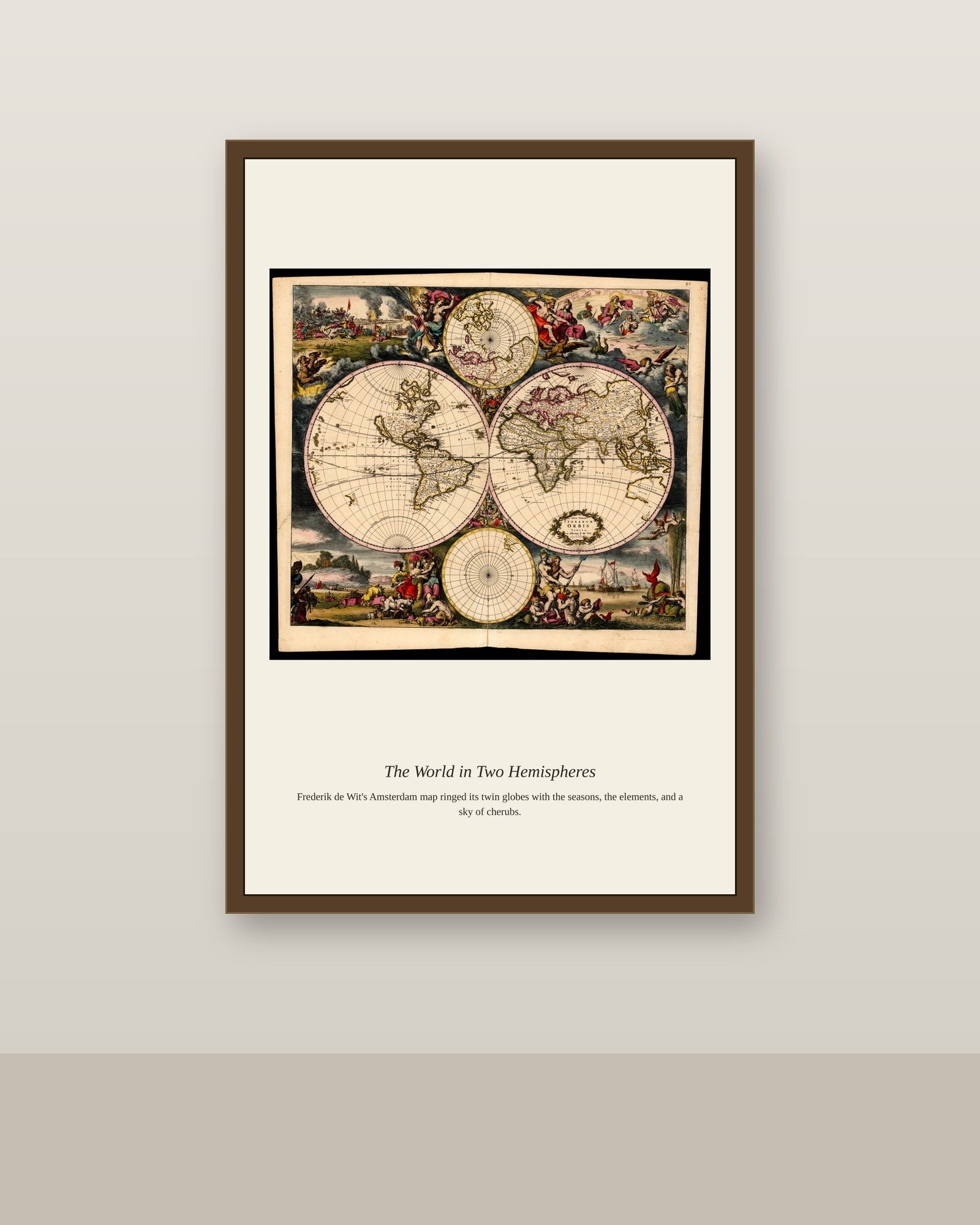 World Map in Two Hemispheres antique world map print shown framed on a wall in a styled room