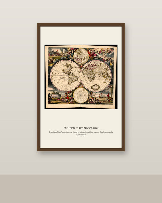 World Map in Two Hemispheres antique world map print shown framed on a wall in a styled room