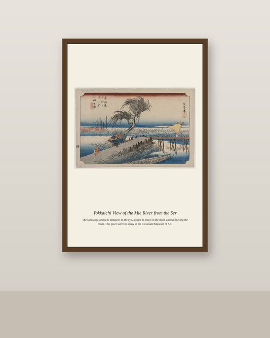 Yokkaichi, View of the Mie River antique landscape print shown framed on a wall in a styled room