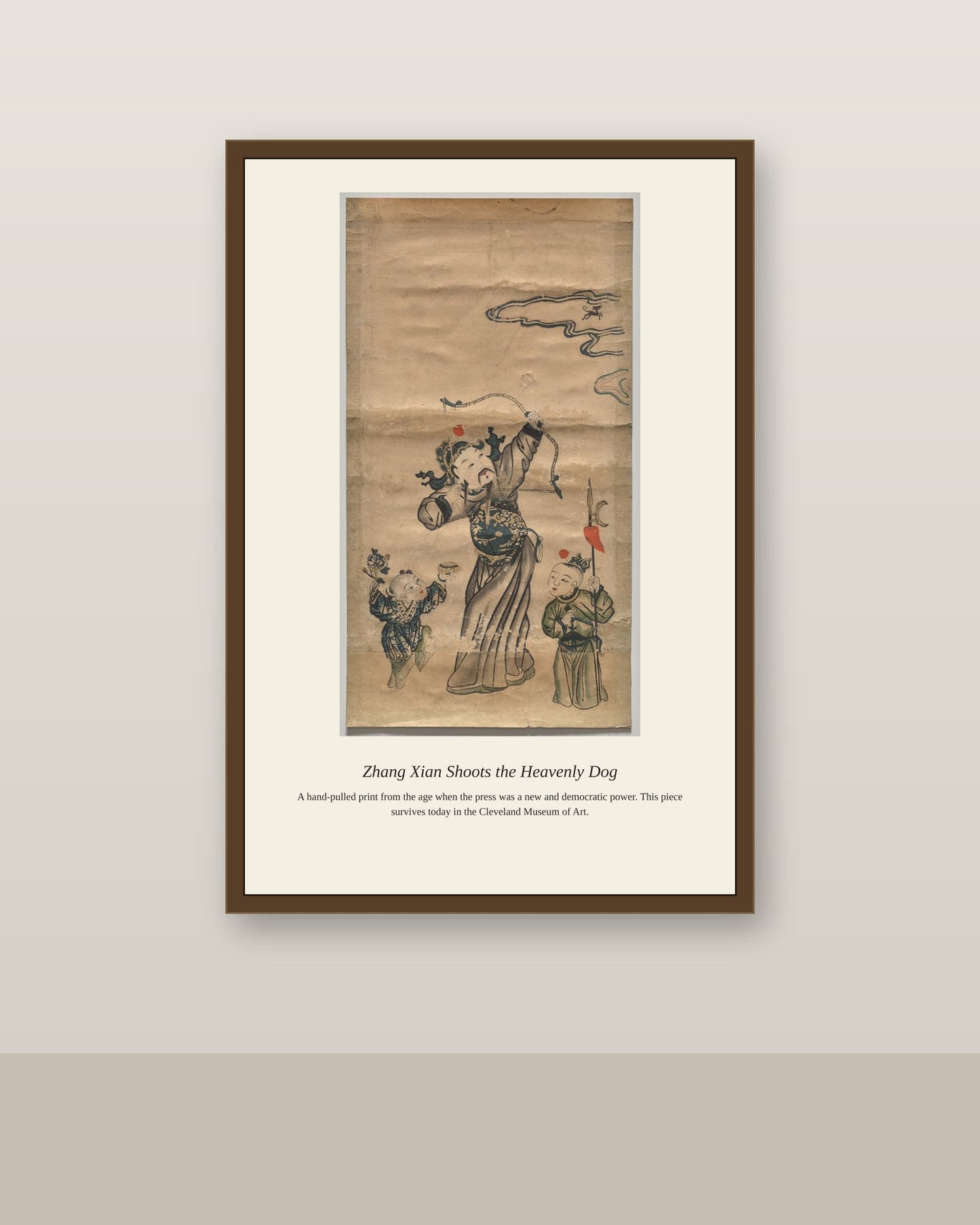 Zhang Xian Shoots the Heavenly Dog antique natural history print shown framed on a wall in a styled room