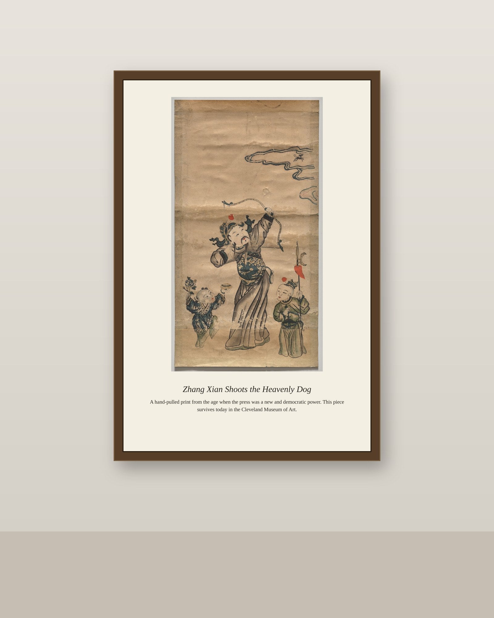Zhang Xian Shoots the Heavenly Dog antique natural history print shown framed on a wall in a styled room