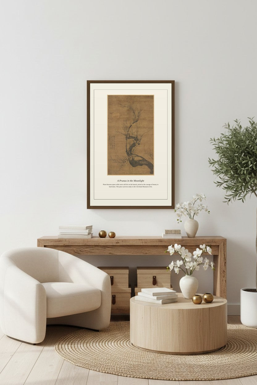 Framed Prunus in the Moonlight painting on a neutral wall above a light wood sideboard