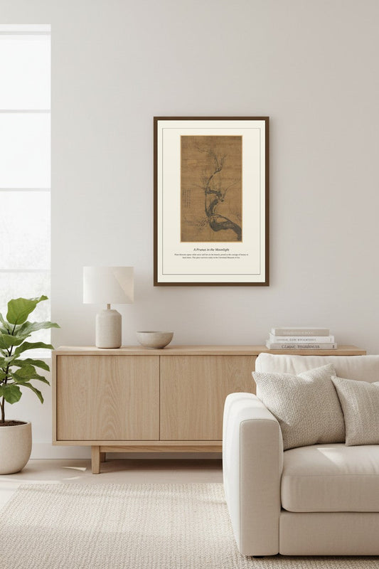 Framed Prunus in the Moonlight painting above a white brick fireplace mantel