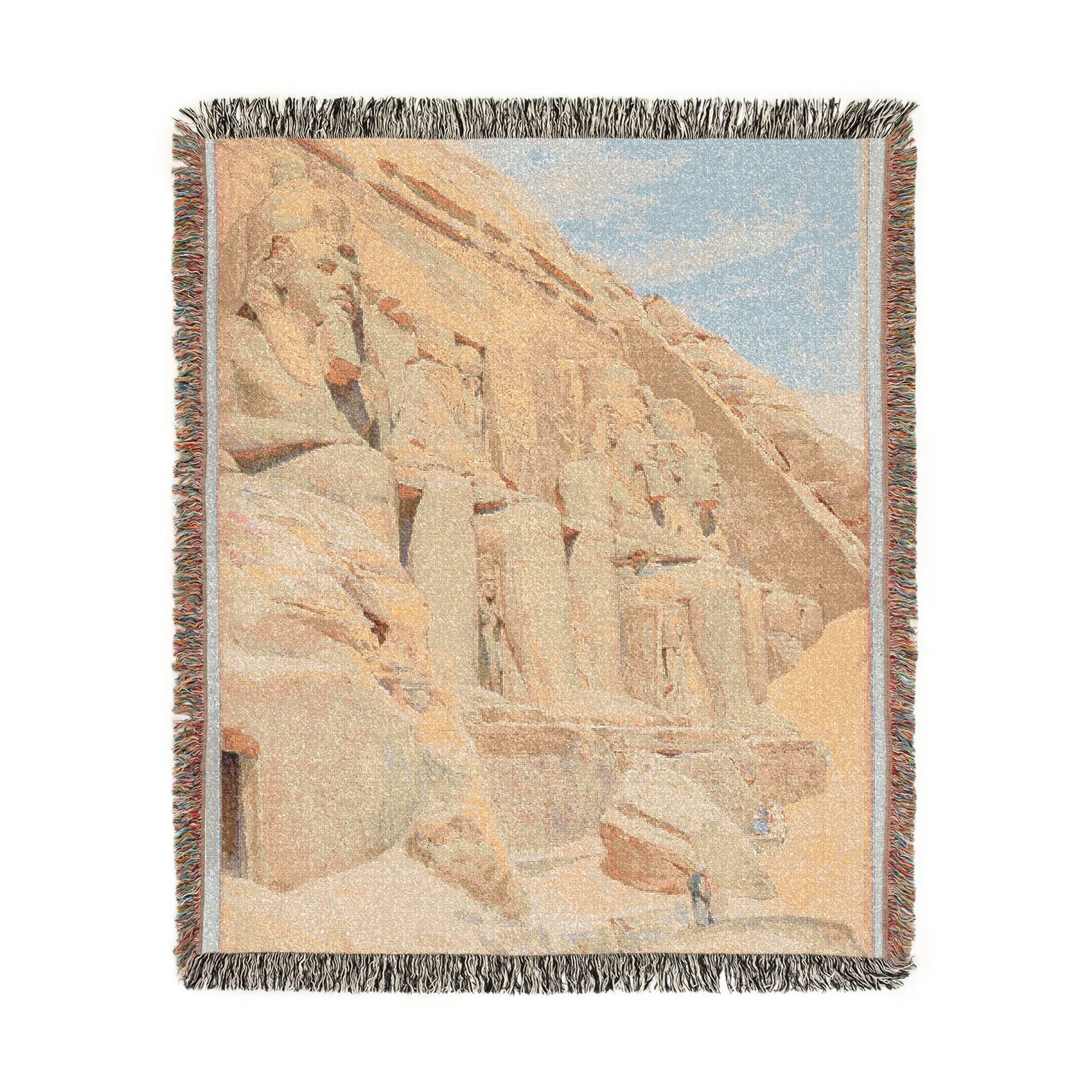 Abu Simbel woven throw blanket flat lay Egyptian temple facade sandstone carved figures sandy beige blue sky