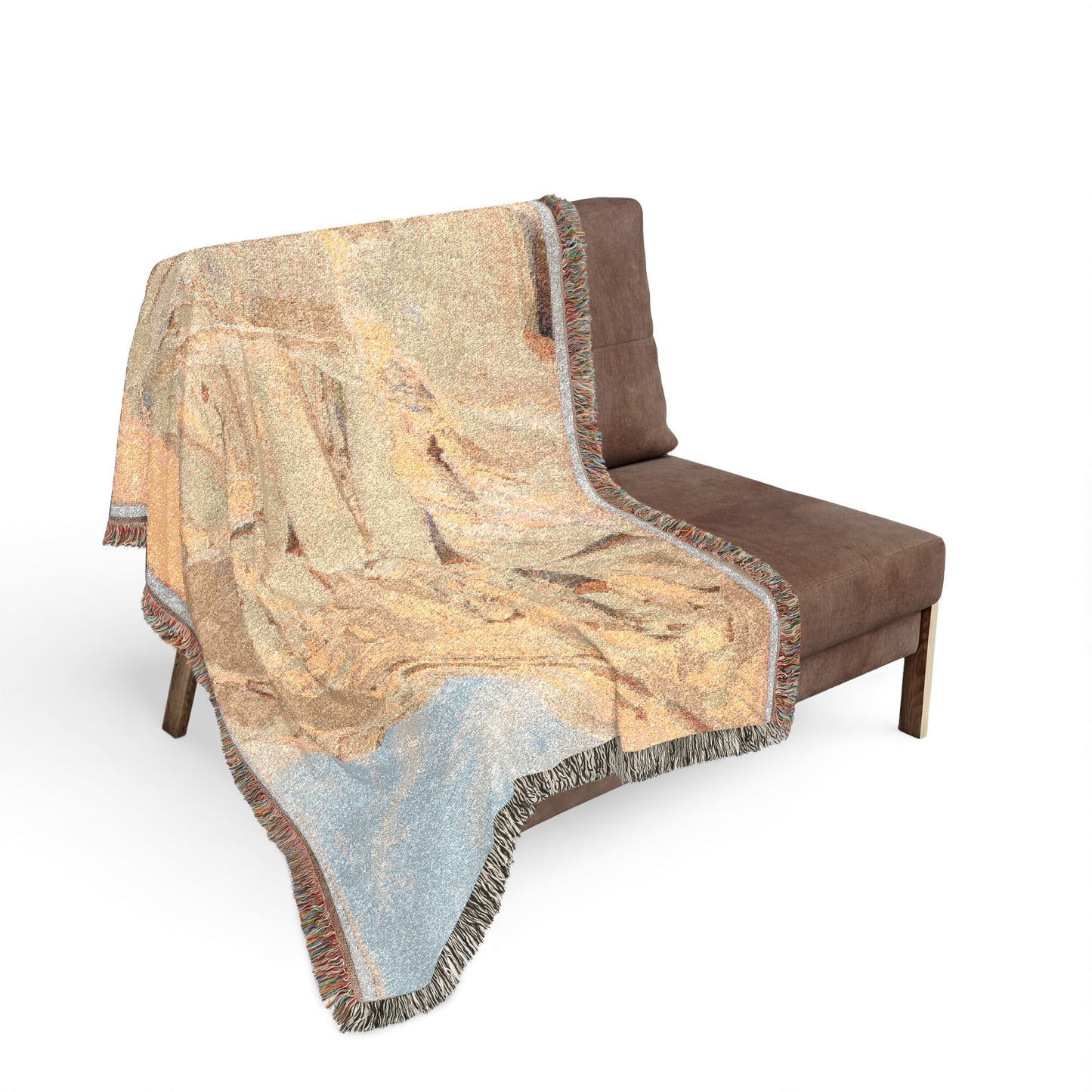 Abu Simbel throw blanket on sofa sandy beige Egyptian temple print blue sky lower section fringed edges