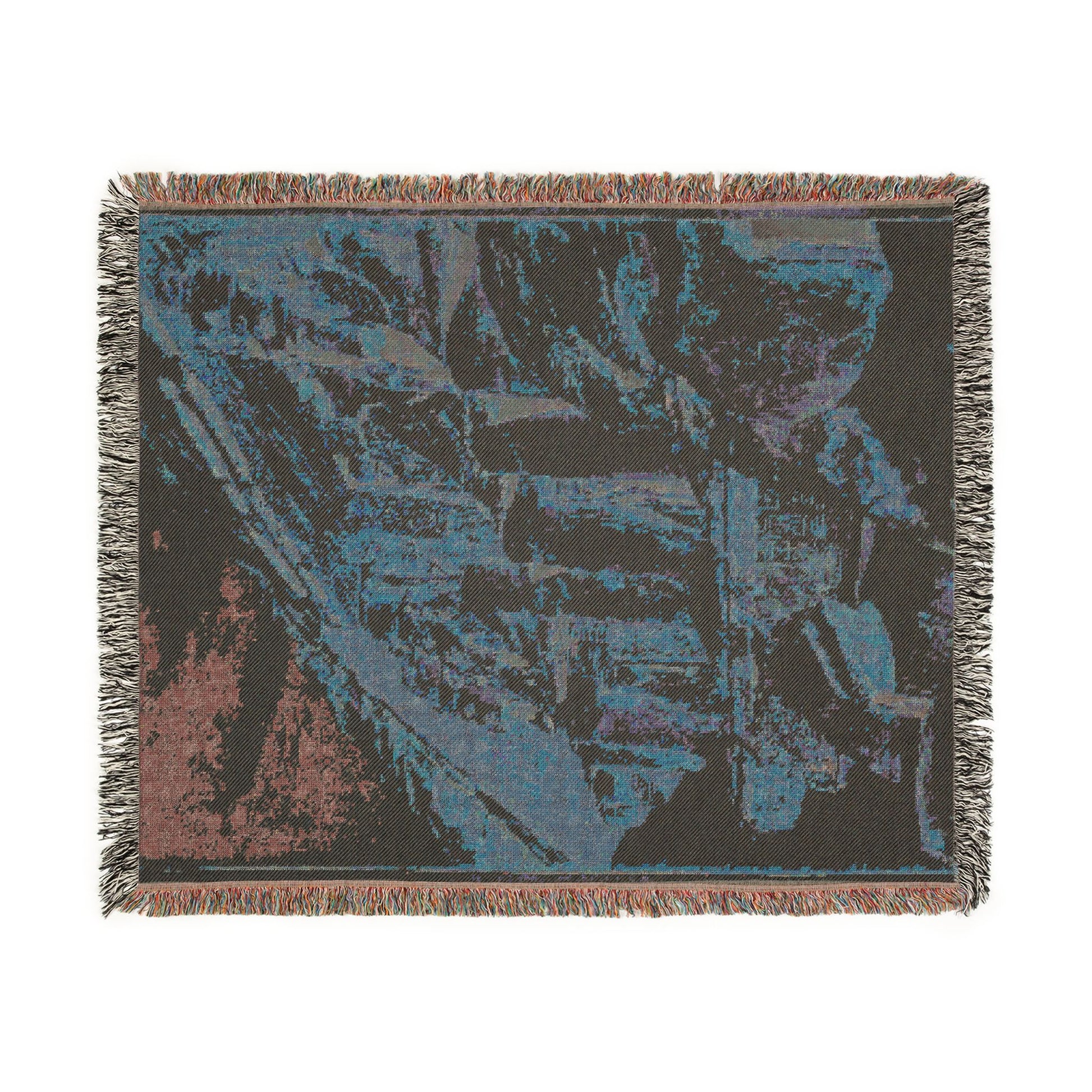 Abu Simbel throw blanket flat lay teal blue charcoal colossal statues detail dark background fringed border