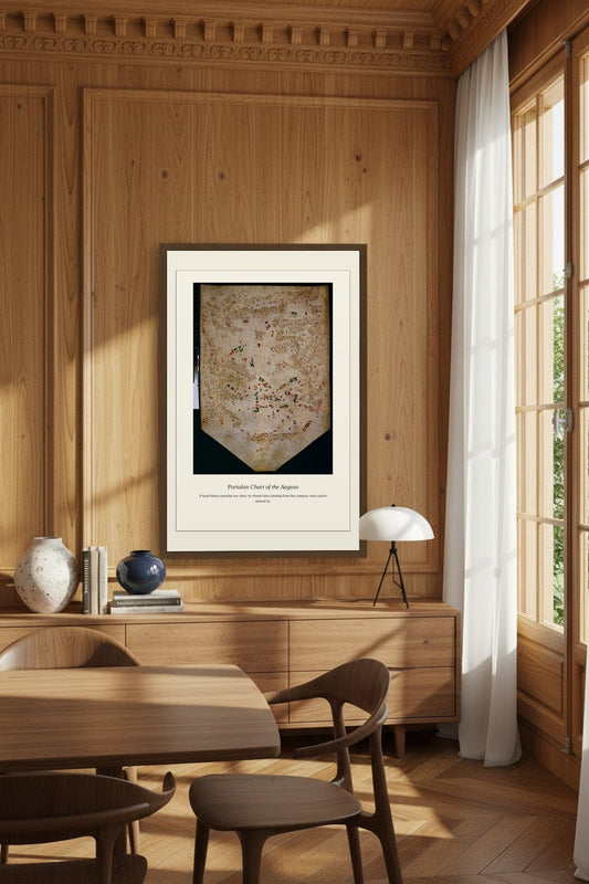 Aegean Portolan Viegas nautical chart beside a leafy indoor plant in soft daylight