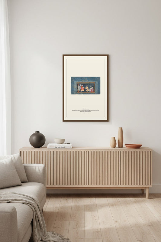Akbar the Great court scene print framed above a light wood sideboard