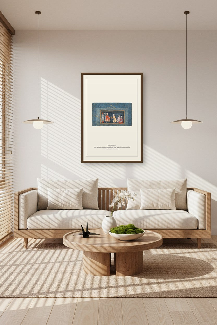 Framed Akbar the Great miniature above a sunlit sofa with pendant lamps