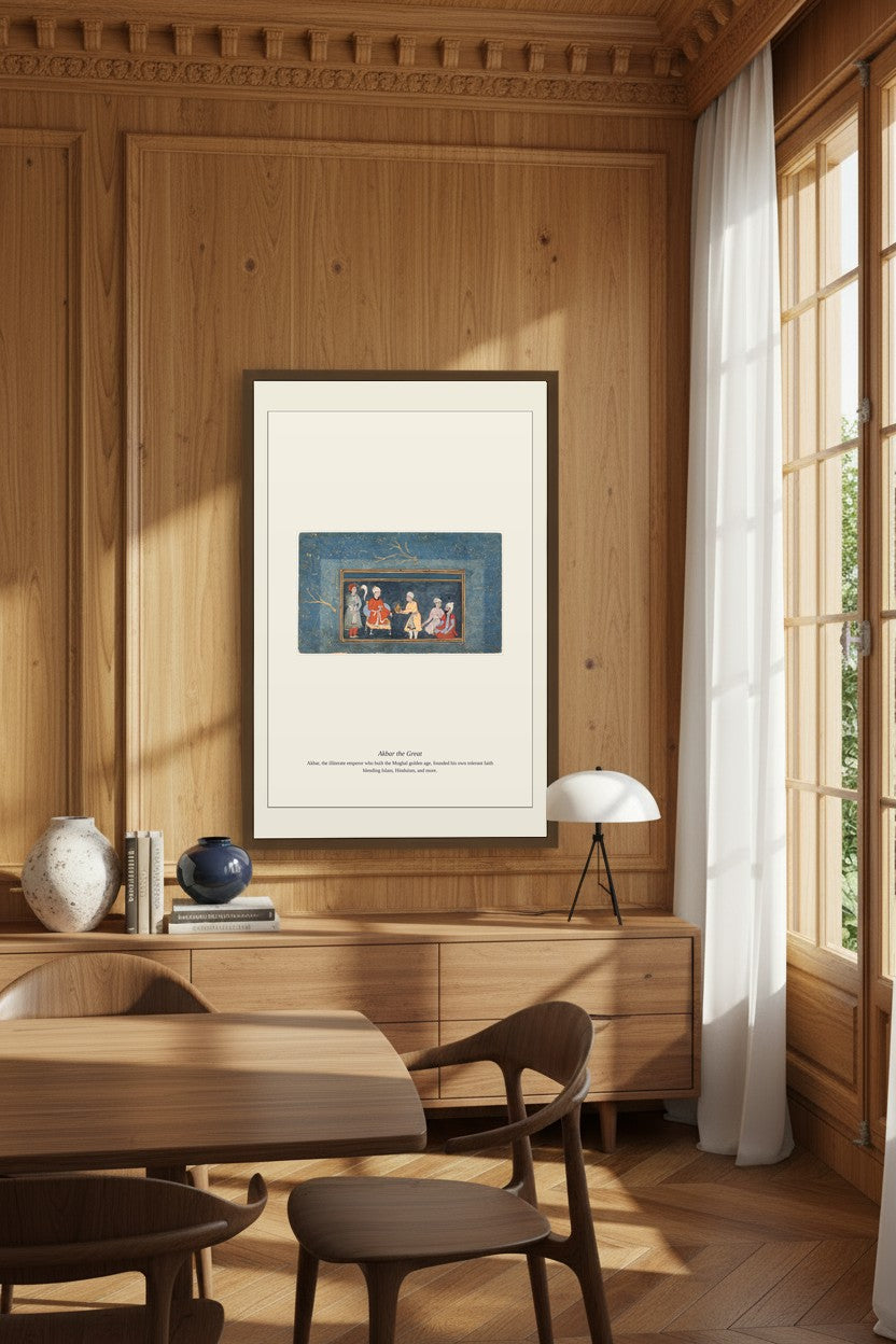 Akbar the Great print framed on wood paneling beside a curtained window