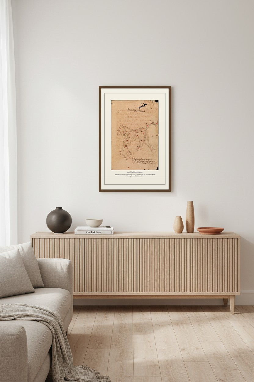 An al-Sufi Constellation manuscript print framed above a low console table with vases and stacked books