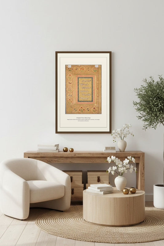 A Mughal Floral Album Page framed above a light wood sideboard beside a woven jute rug