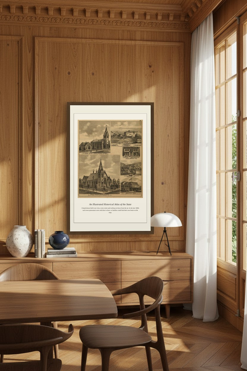 Illustrated Historical Atlas of the State above a cream sofa with wall sconces