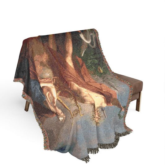 Apollo Urania blanket draped on wooden bench, neoclassical mythological figures in orange and blue robes, fringe edge