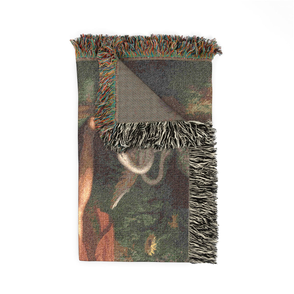 Apollo Urania blanket corner fold, dark green foliage detail with curved element, gray reverse side, colorful fringe