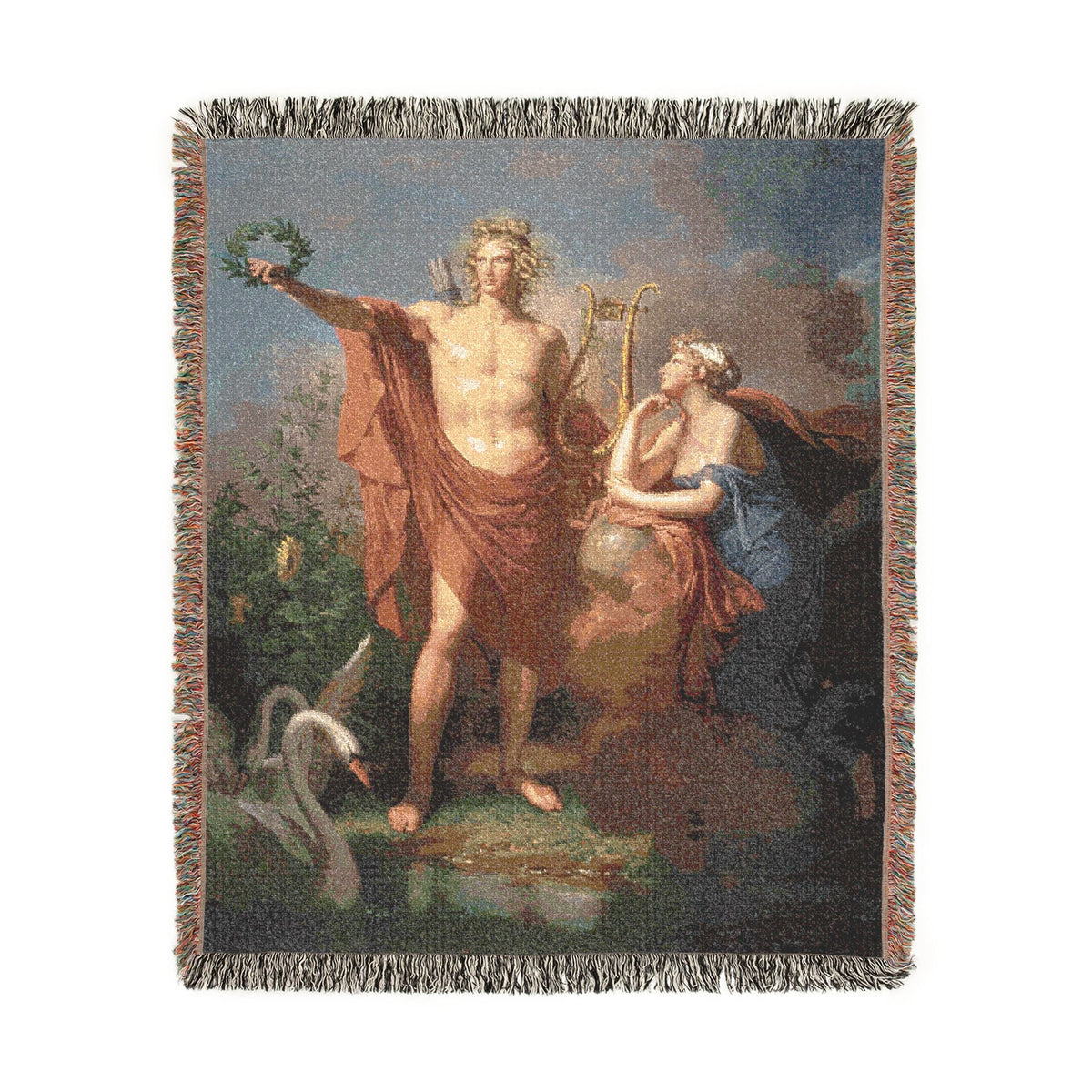 Apollo Urania woven blanket front, neoclassical god holding laurel wreath with muse, orange-red and blue robes, fringe