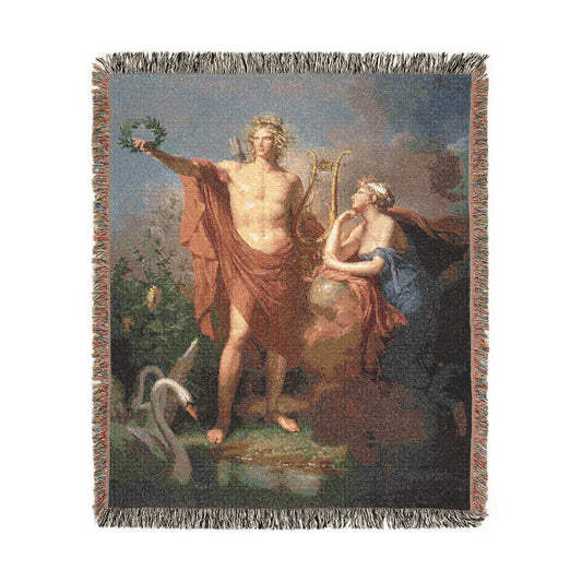 Apollo Urania woven blanket front, neoclassical god holding laurel wreath with muse, orange-red and blue robes, fringe