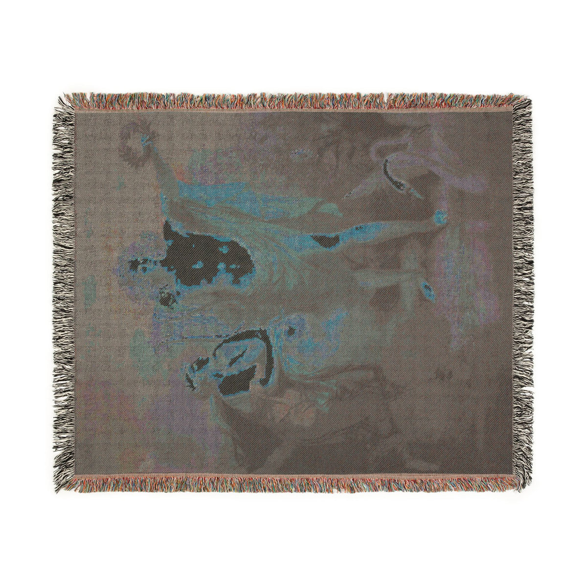 Apollo Urania blanket reverse side, muted blue-gray-brown tones with mythological figures barely visible, fringe edges