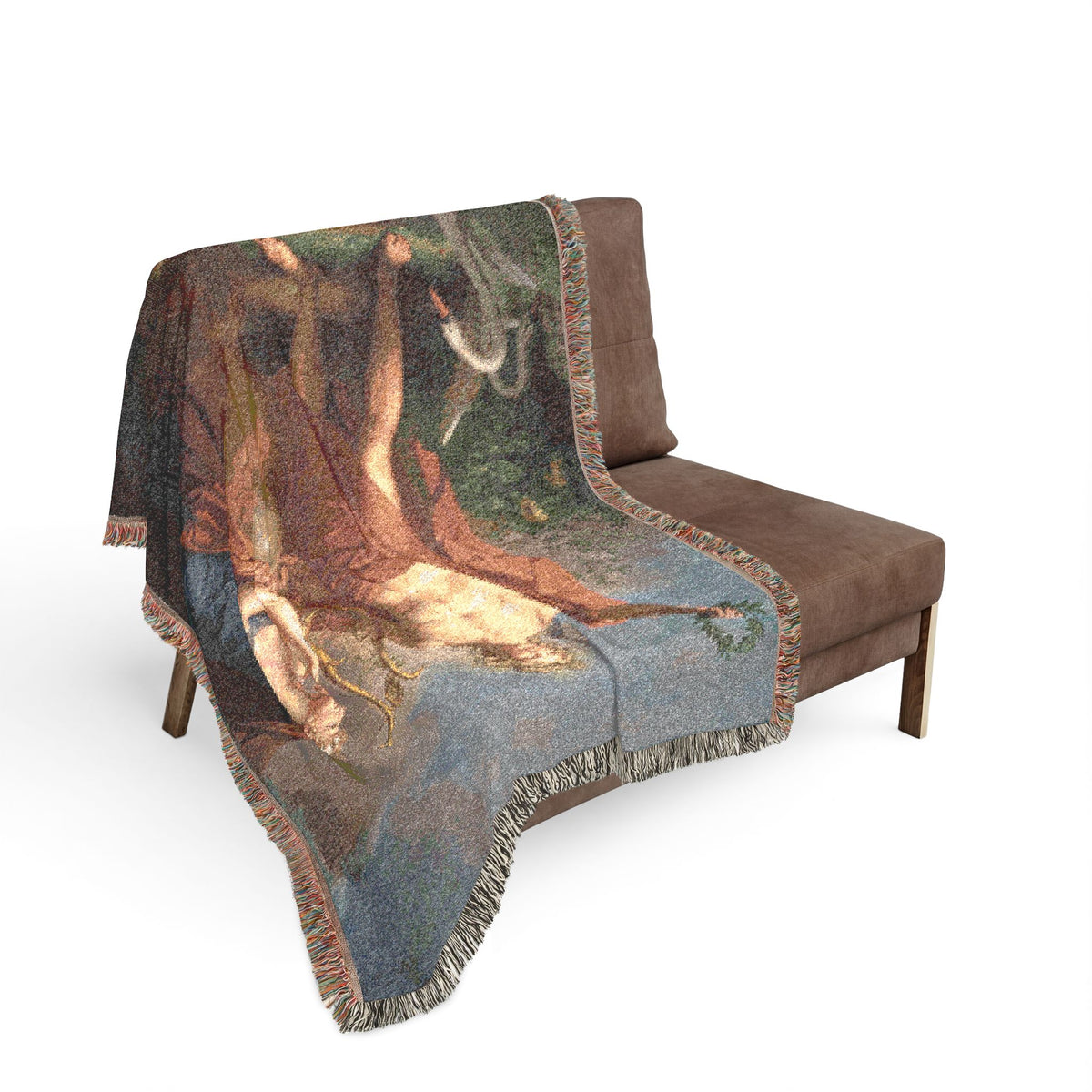 Apollo Urania blanket draped on gray sofa, neoclassical mythology scene in blue and earth tones, fringe edge visible