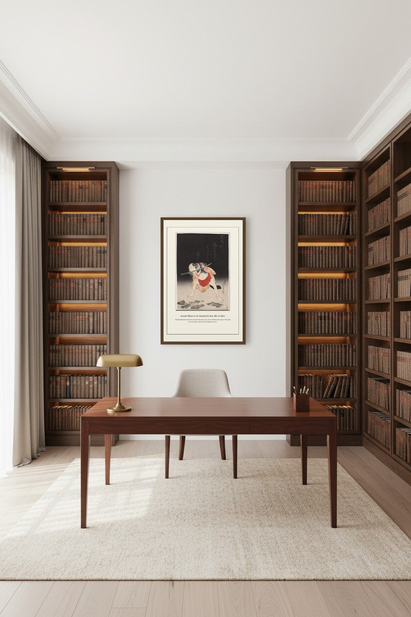 Framed kabuki print centered on a bookshelf-lined study wall above a wooden desk