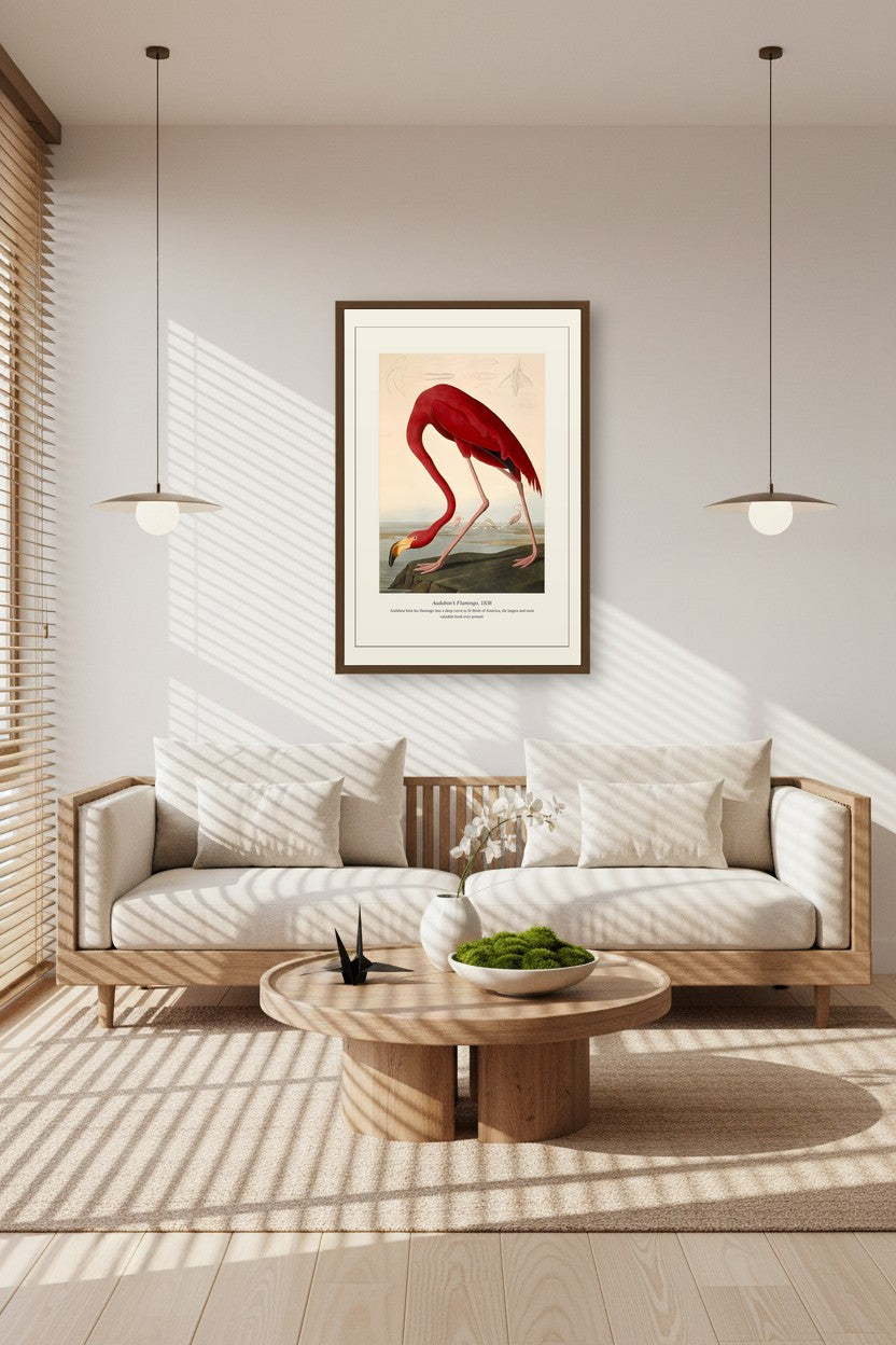 Flamingo 1838 print in a sunlit room with a light wood sofa and coffee table