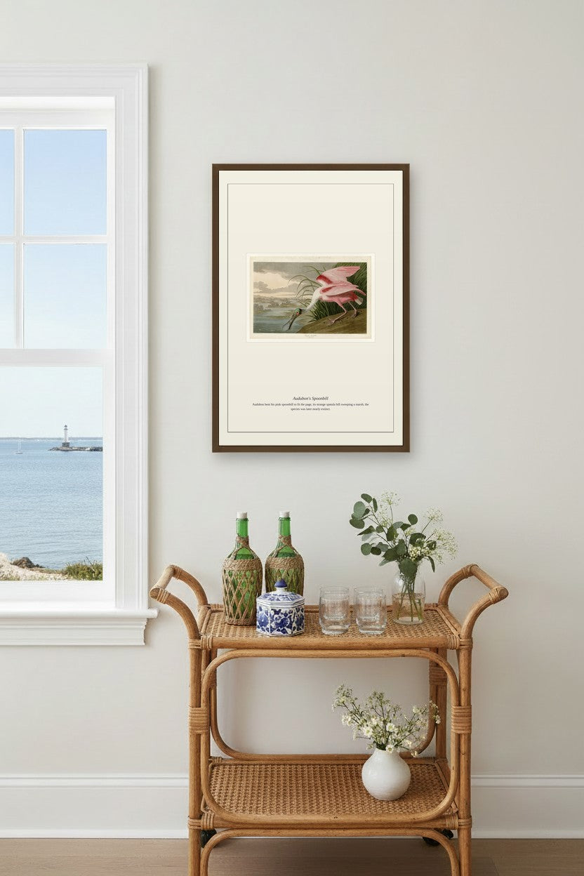 Audubon's Spoonbill print framed above a rattan bar cart beside a window with an ocean view