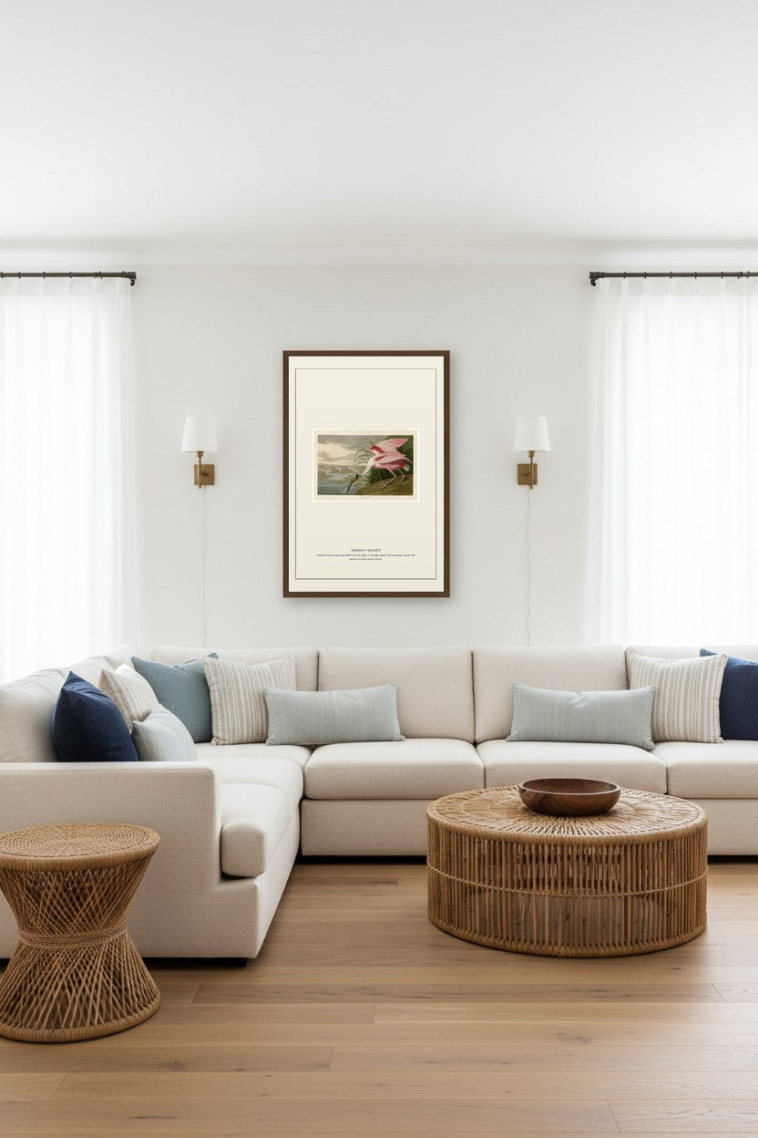 Audubon's Spoonbill print framed above a sectional sofa in a bright living room