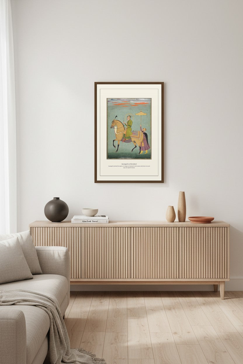 Aurangzeb on Horseback artwork framed above a fluted wood sideboard and cream sofa