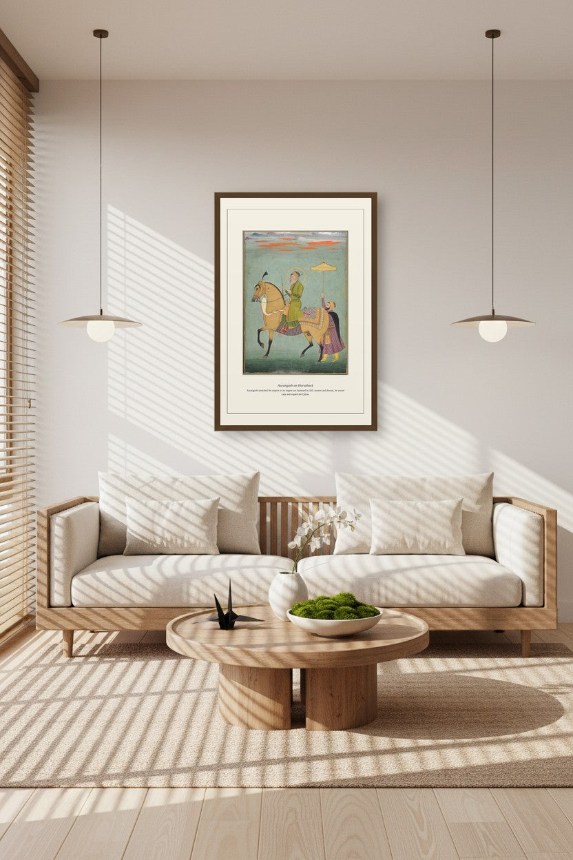 Framed Aurangzeb on Horseback painting above a sunlit sofa nook with pendant lighting