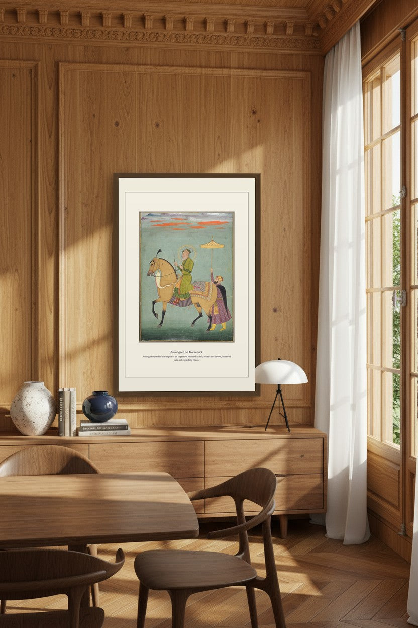 Aurangzeb on Horseback print displayed in a wood-paneled dining room above a sideboard