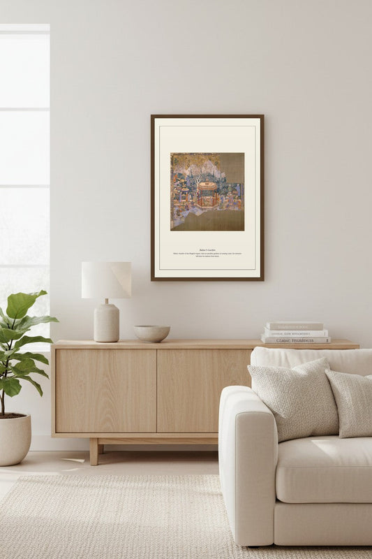 Babur's Garden print above a light wood console table beside a white armchair