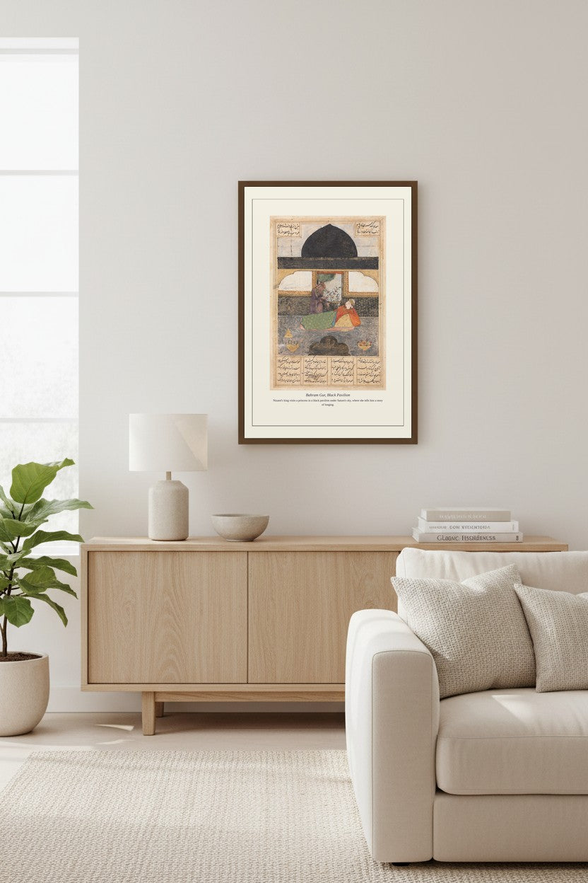 framed Persian pavilion print hung between a floor lamp and a beige sofa near a bright window