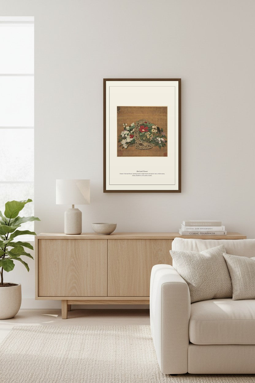 Bird and Flower Chinese painting framed above a light wood sideboard beside a cream sofa
