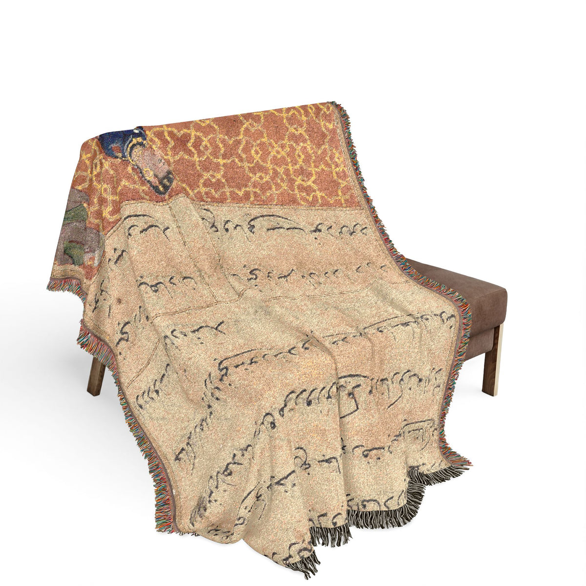 Bird of Seven Colors throw blanket draped over a bench, colorful bird scene cascading over seat and sides
